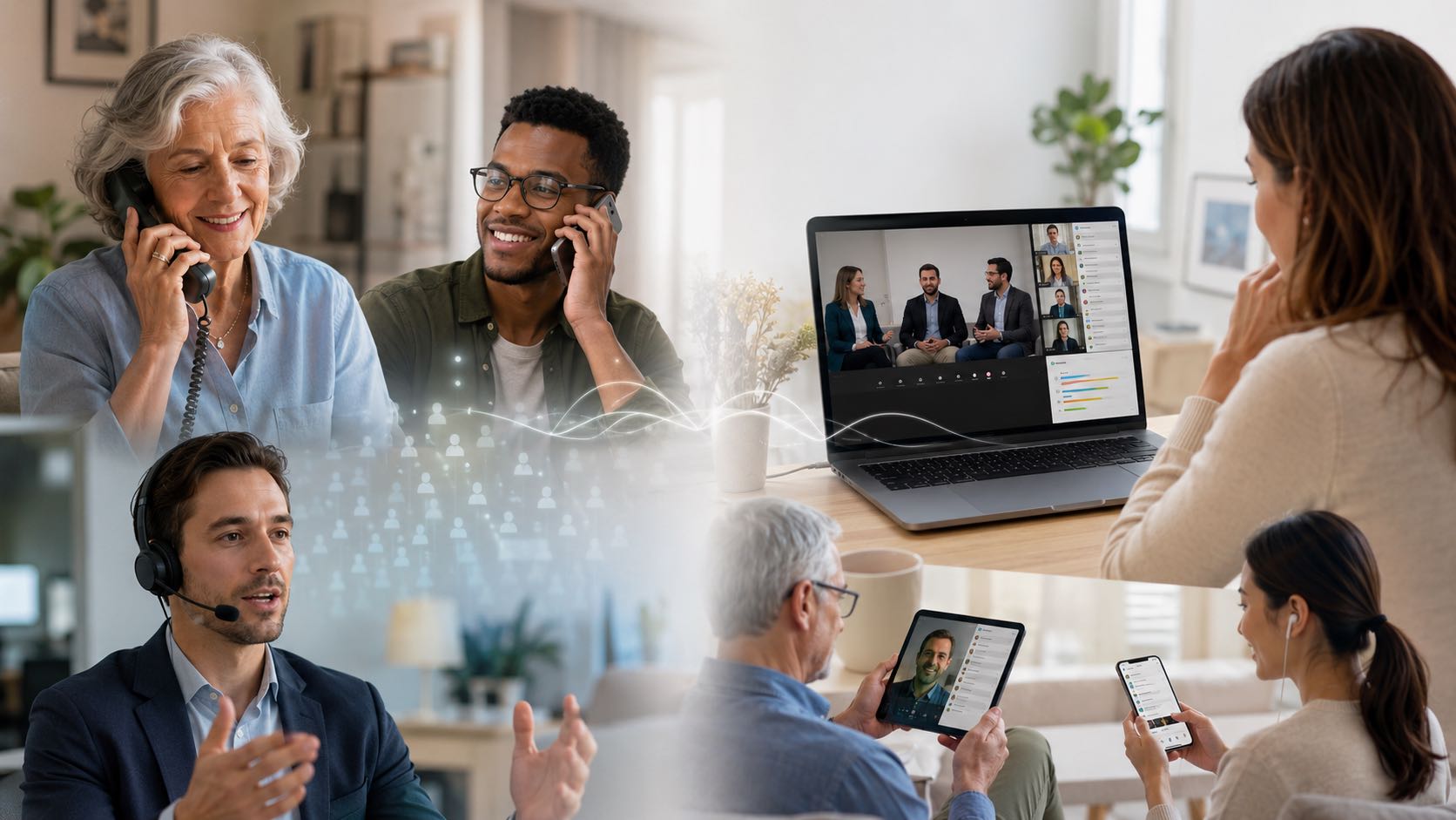 Side-by-side illustration of telephone town hall participants on phones and virtual town hall participants on laptops, tablets, and phones